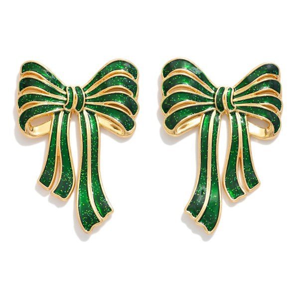 Metal Tone Glitter Acetate Bow Post Drop Earrings - The Mustard Seed Collection, The Seed