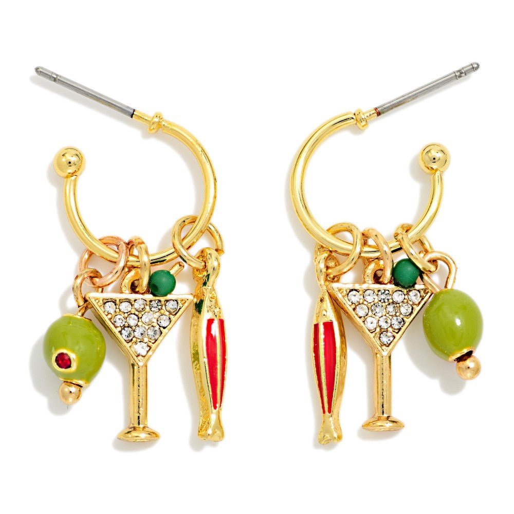 Metal Tone Hoop Earrings With Martini, Olive, & Fish Charms 