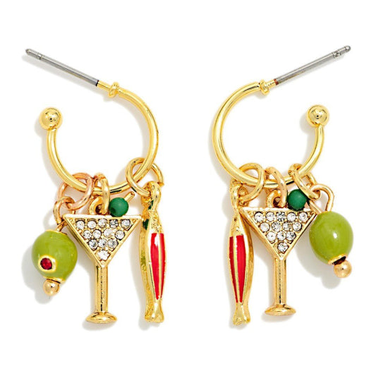 Metal Tone Hoop Earrings With Martini, Olive, & Fish Charms - The Mustard Seed Collection, The Seed
