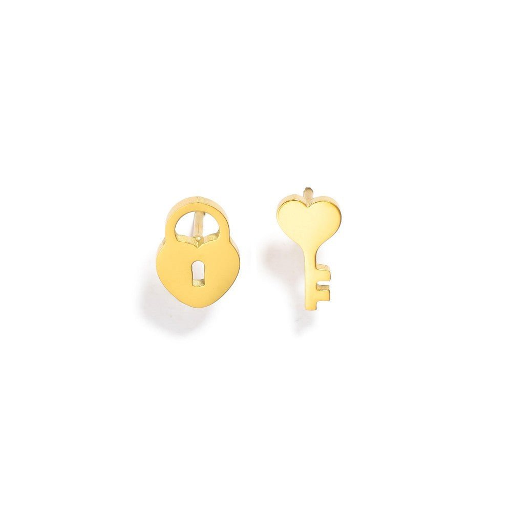 Metal Tone Lock And Key Stud Earrings 