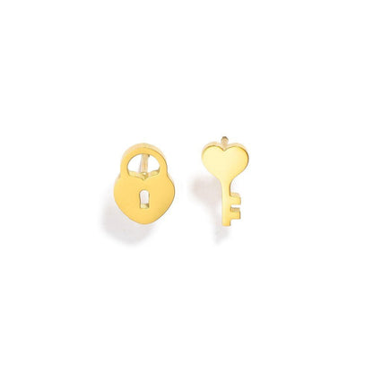 Metal Tone Lock And Key Stud Earrings 