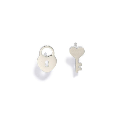 Metal Tone Lock And Key Stud Earrings 