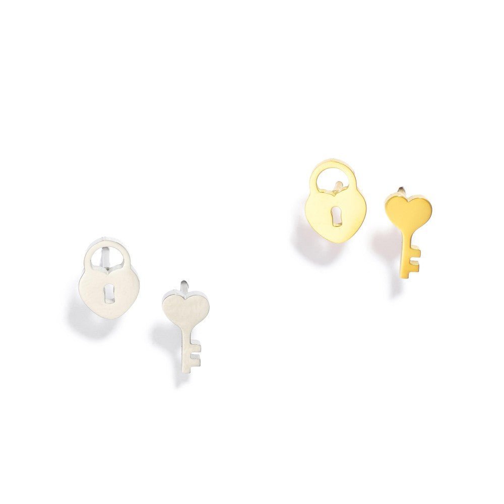 Metal Tone Lock And Key Stud Earrings 