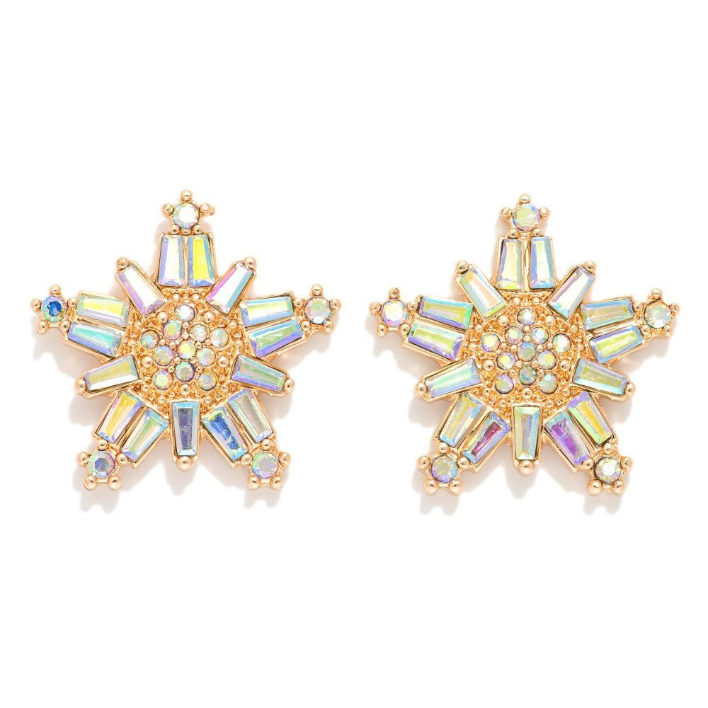 Metal Tone Rhinestone Encrusted Metal Snowflake Post Drop Earrings - The Mustard Seed Collection, The Seed