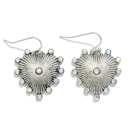 Metal Tone Ribbed Heart Drop Earrings Featuring Studded Rhinestones Silver
