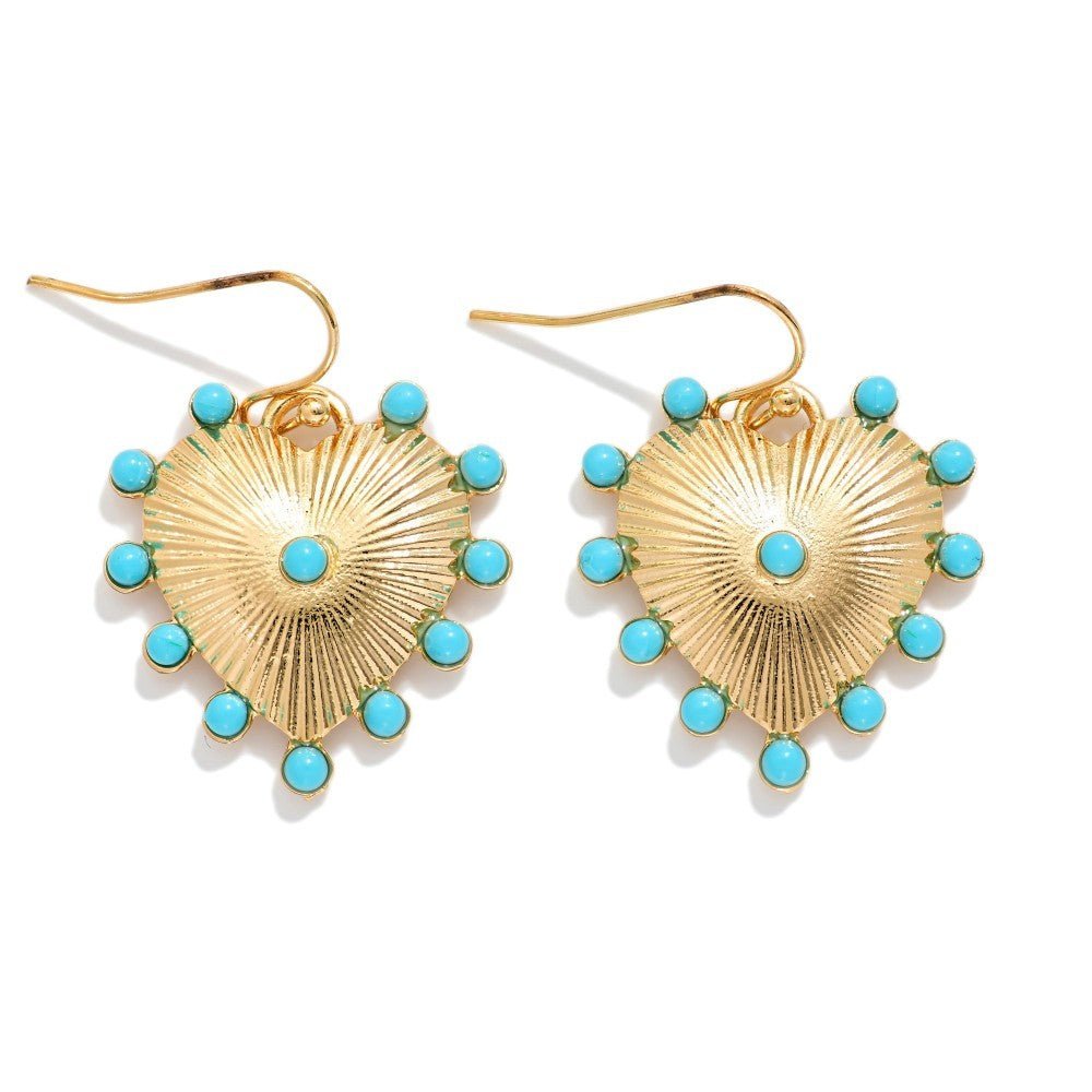 Metal Tone Ribbed Heart Drop Earrings Featuring Studded Rhinestones - The Mustard Seed Collection, The Seed