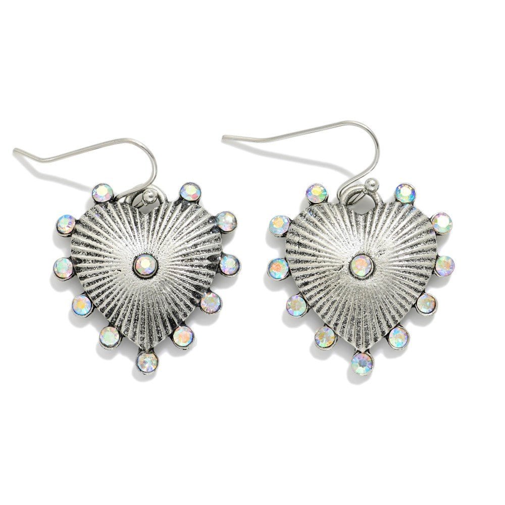 Metal Tone Ribbed Heart Drop Earrings Featuring Studded Rhinestones - The Mustard Seed Collection, The Seed
