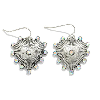 Metal Tone Ribbed Heart Drop Earrings Featuring Studded Rhinestones - The Mustard Seed Collection, The Seed