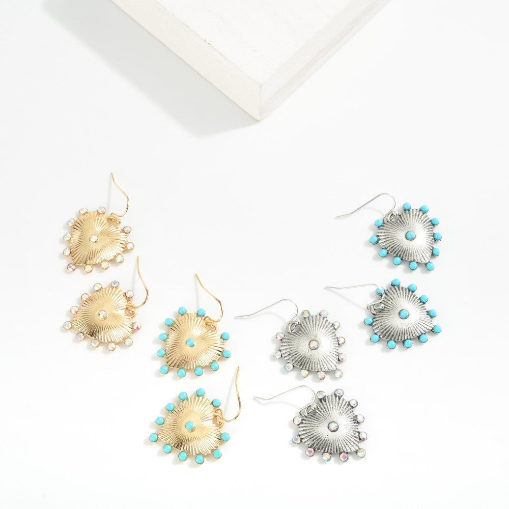 Metal Tone Ribbed Heart Drop Earrings Featuring Studded Rhinestones - The Mustard Seed Collection, The Seed