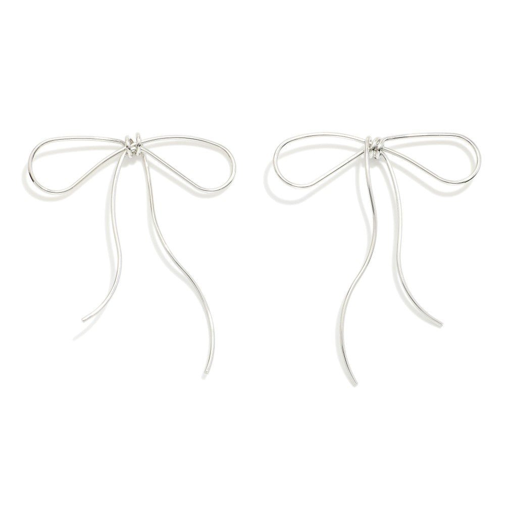 Metal Wire Bow Post Drop Earrings Silver