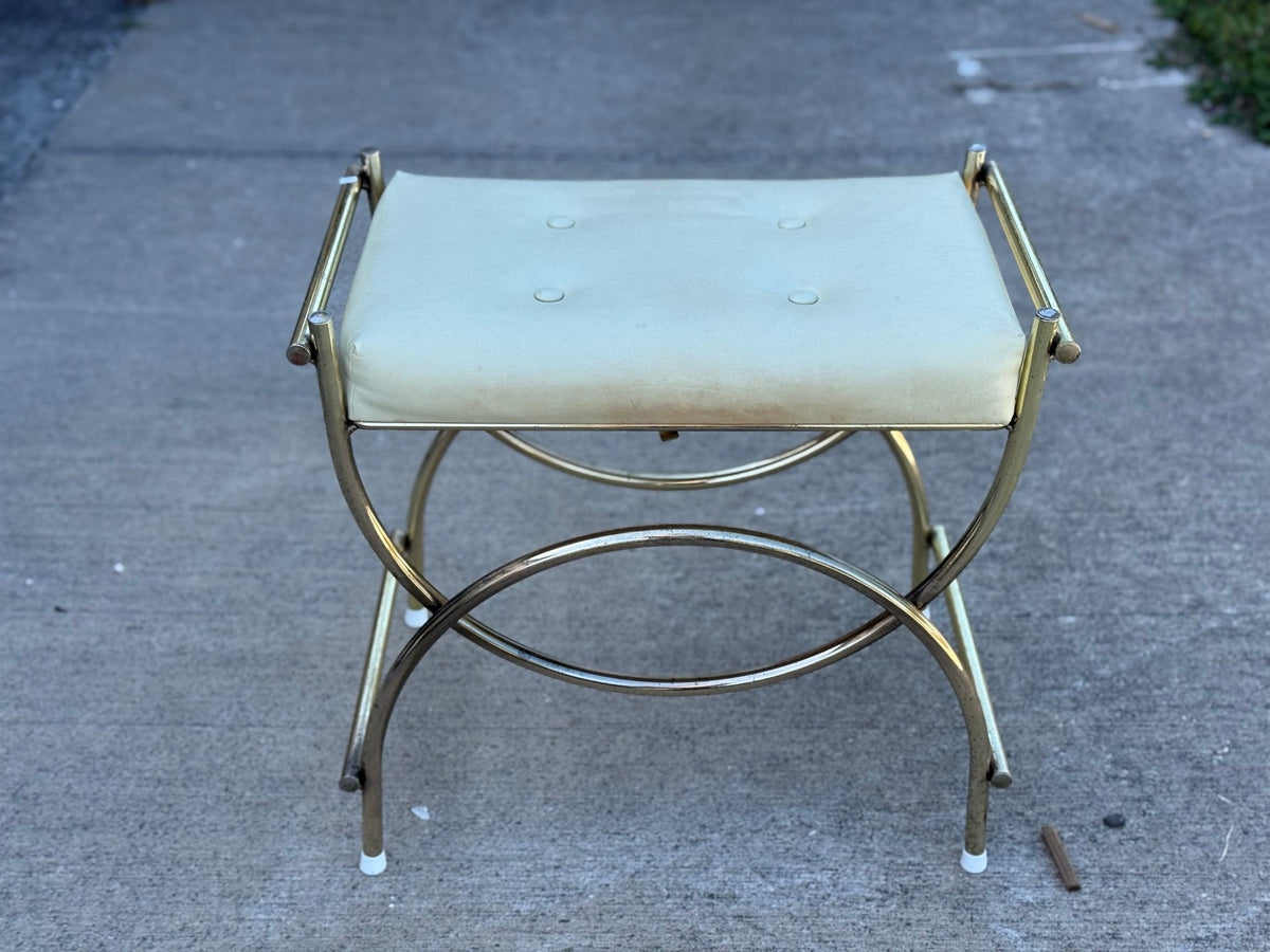 Mid-Century Modern Brass & White Vanity Seat 