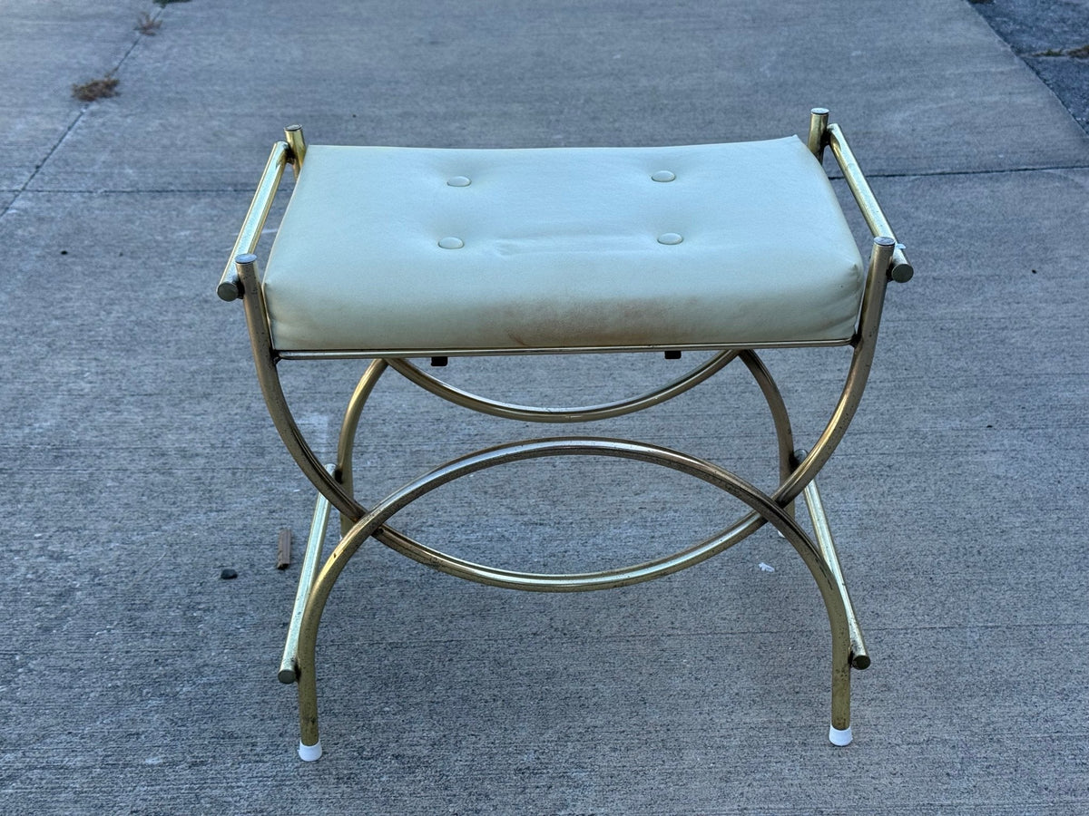 Mid-Century Modern Brass & White Vanity Seat 
