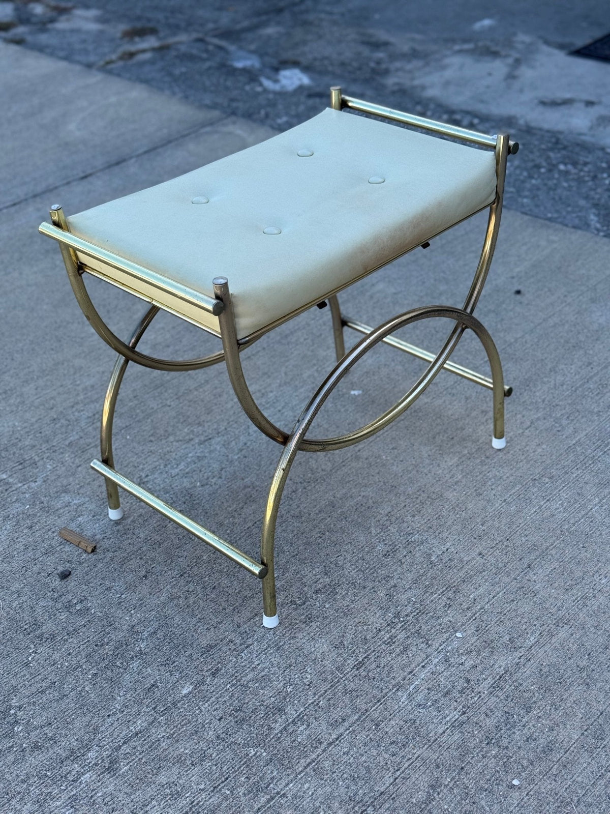 Mid-Century Modern Brass & White Vanity Seat 