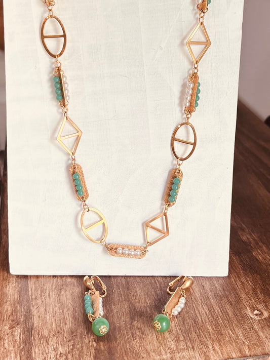 Mid-Century Modernist Openwork Geometric Jewelry Set: 28" Necklace & 2" Dangle Earrings