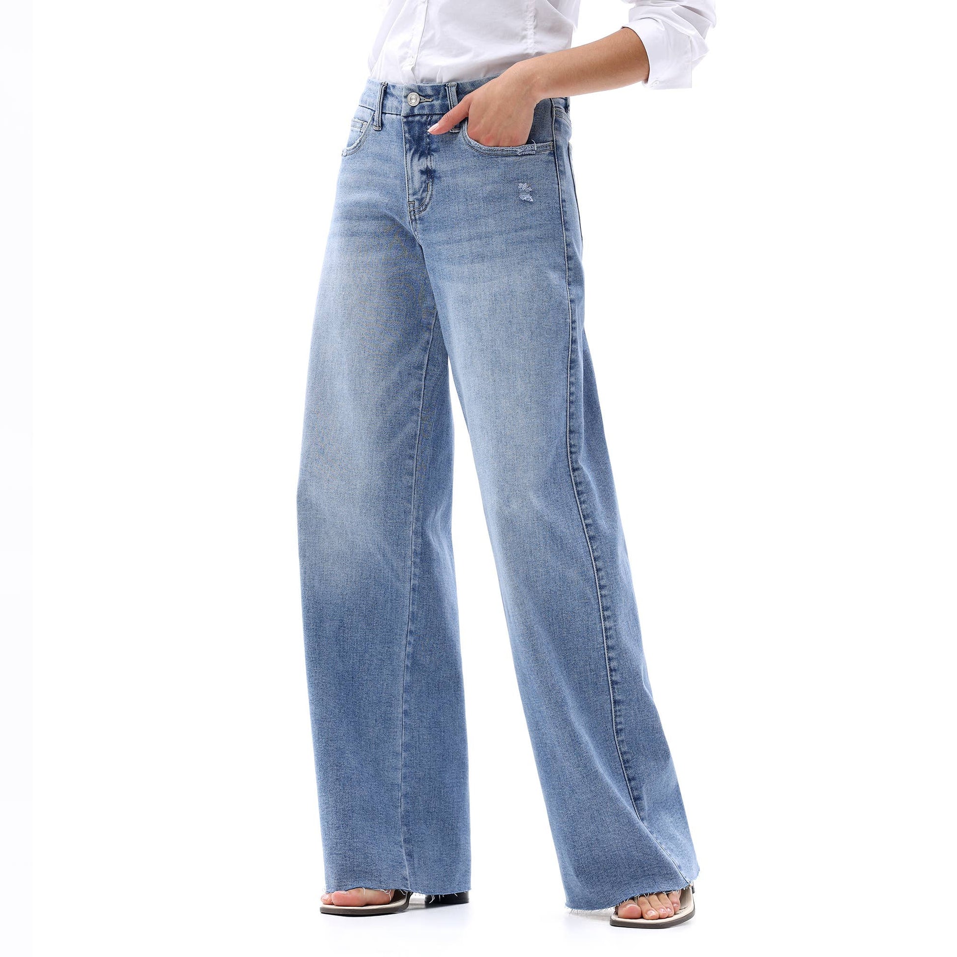 Mid Rise Wide Leg Jeans Raw Hem Vintage Distressed: VINTAGE BLUE 