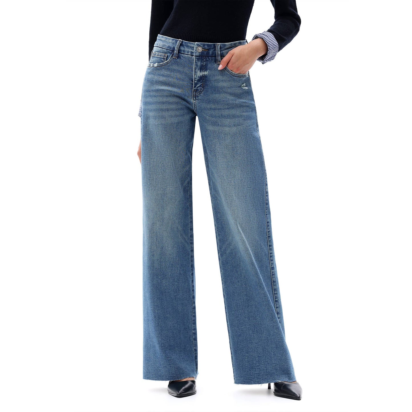 Mid Rise Wide Leg Jeans Raw Hem Vintage Distressed: VINTAGE BLUE 