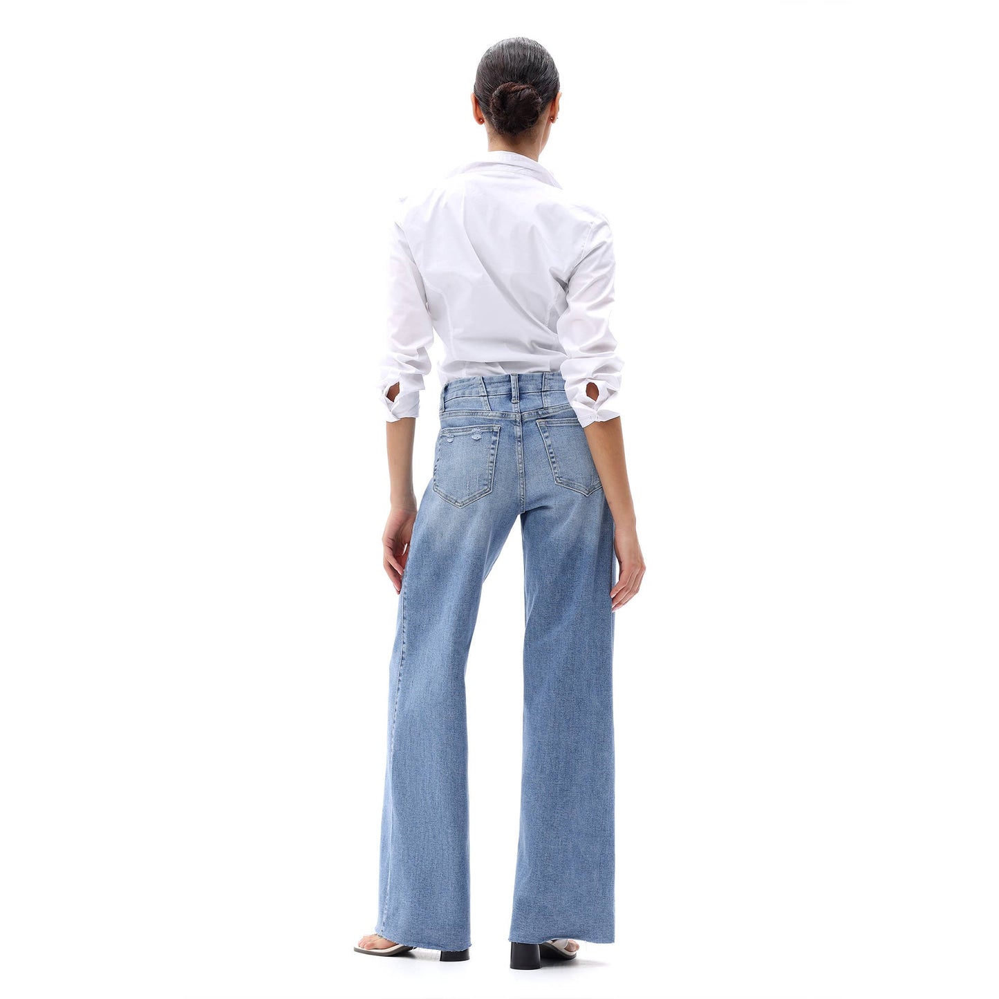 Mid Rise Wide Leg Jeans Raw Hem Vintage Distressed: VINTAGE BLUE 