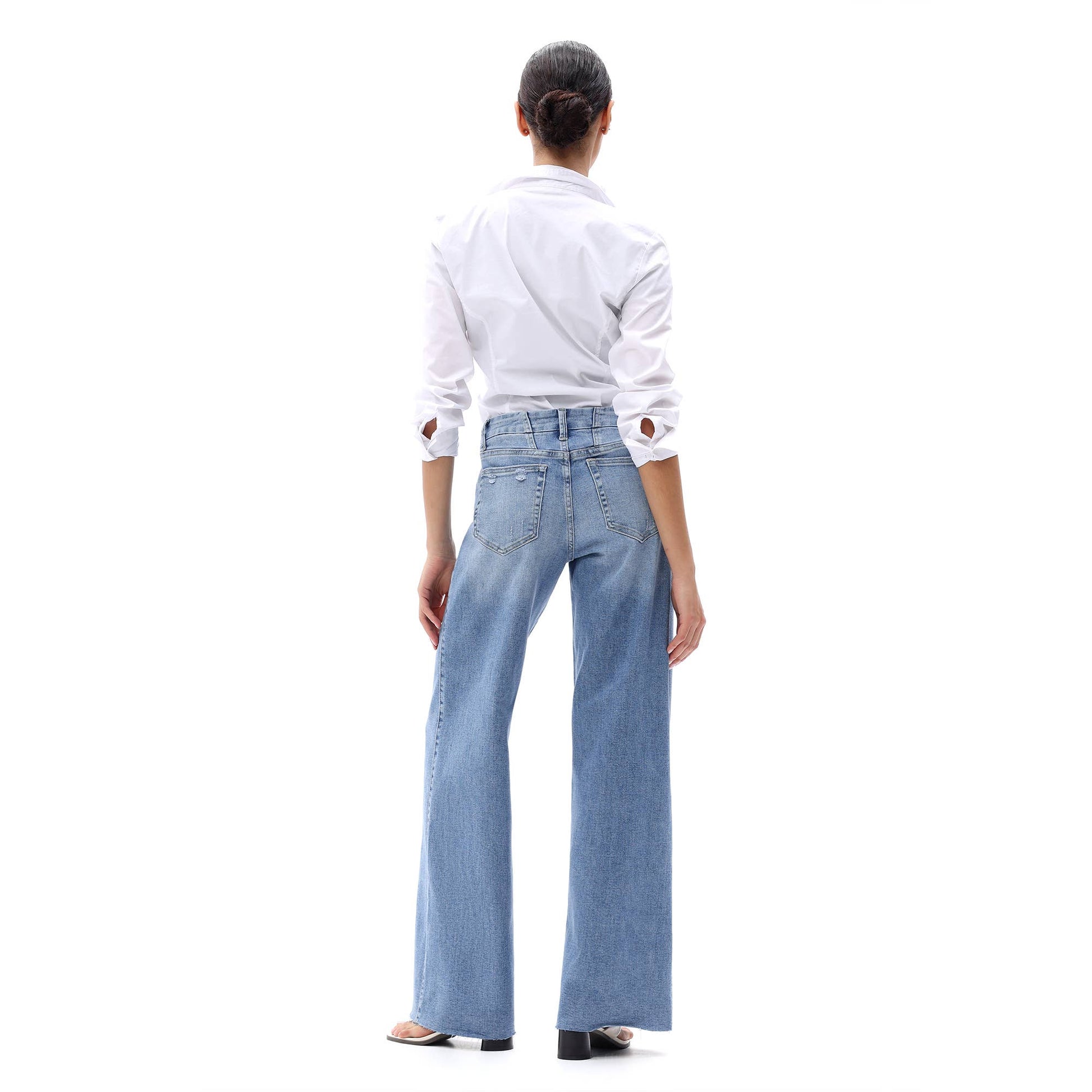 Mid Rise Wide Leg Jeans Raw Hem Vintage Distressed: VINTAGE BLUE 
