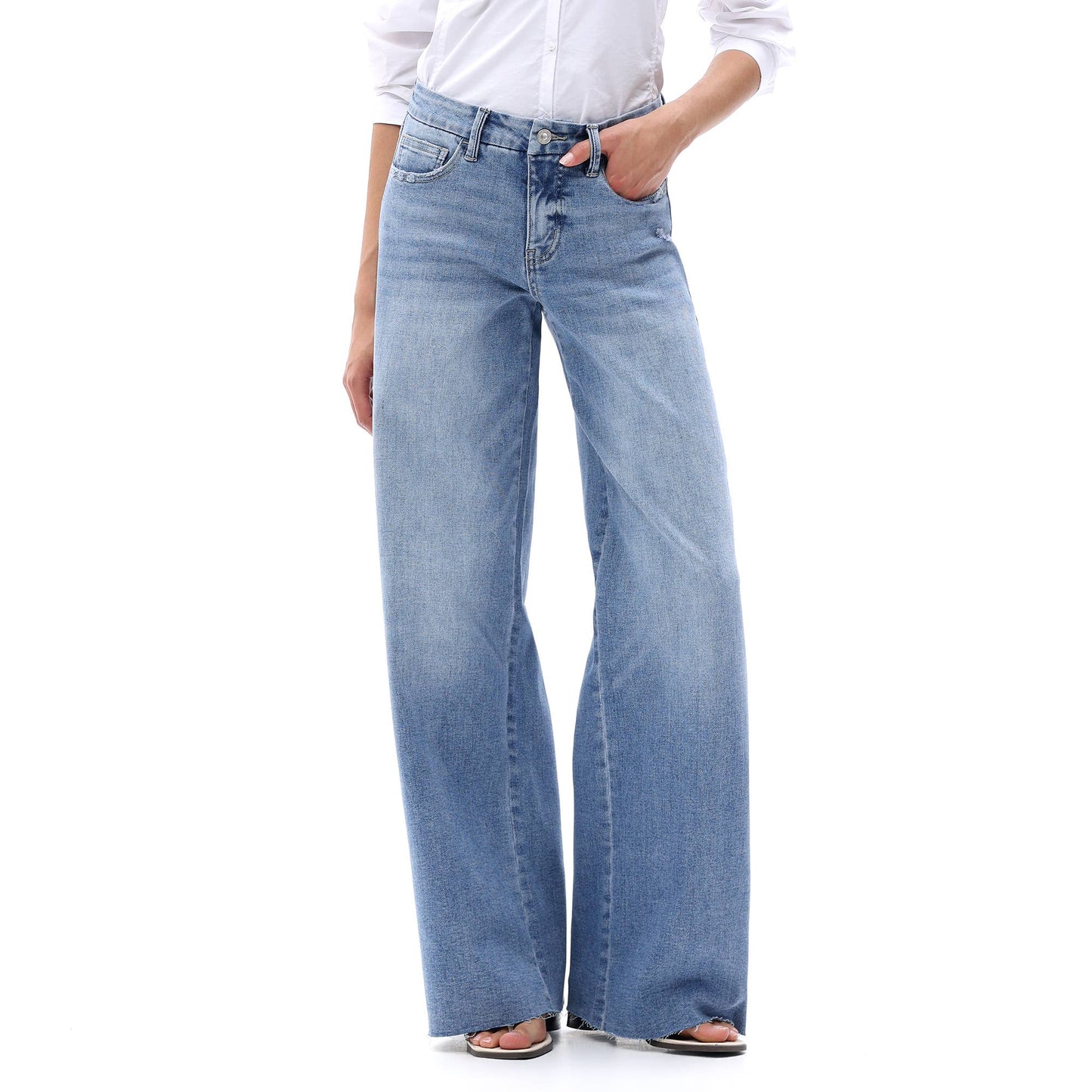 Mid Rise Wide Leg Jeans Raw Hem Vintage Distressed: VINTAGE BLUE 