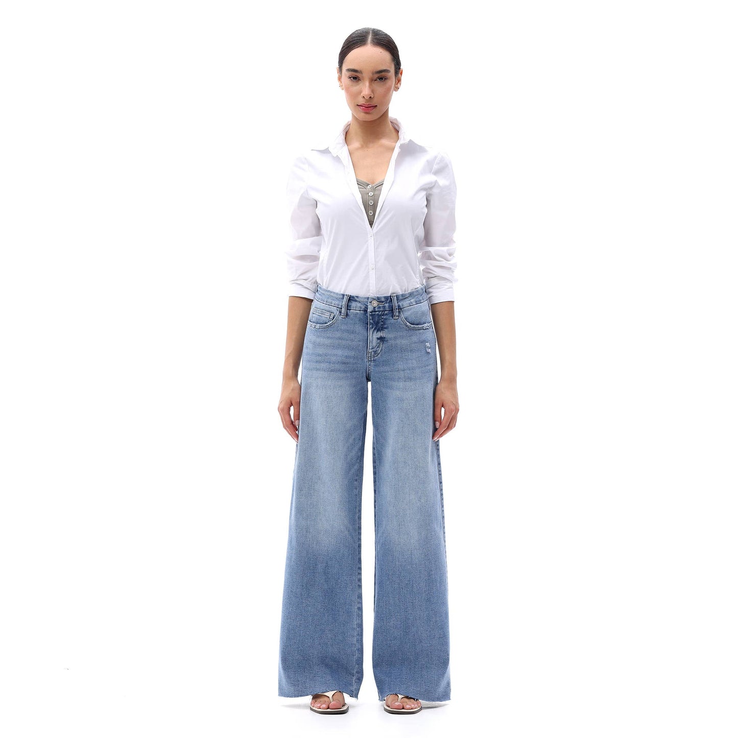 Mid Rise Wide Leg Jeans Raw Hem Vintage Distressed: VINTAGE BLUE 