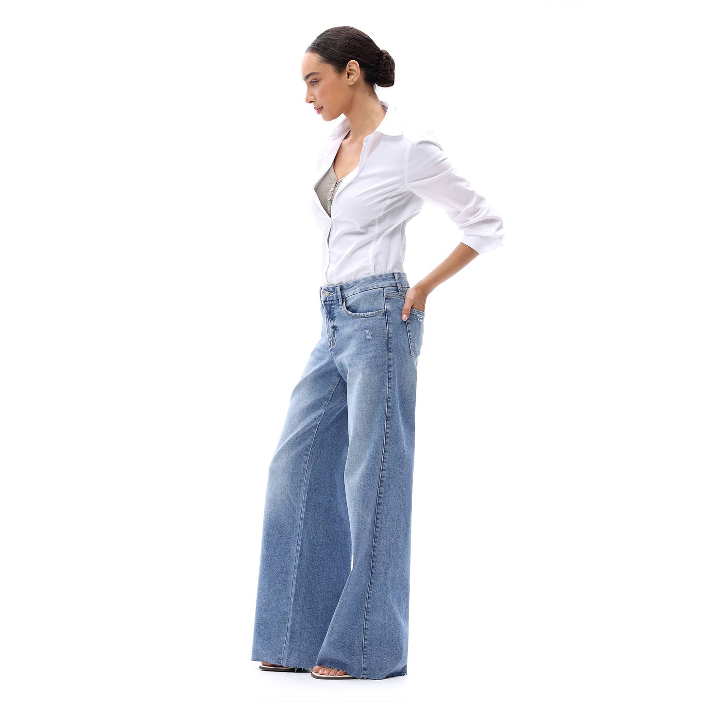 Mid Rise Wide Leg Jeans Raw Hem Vintage Distressed: VINTAGE BLUE 