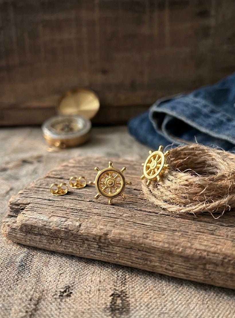 Miniature Ship’s Wheel Stud Earrings – Antique Bronze Nautical Post Earrings