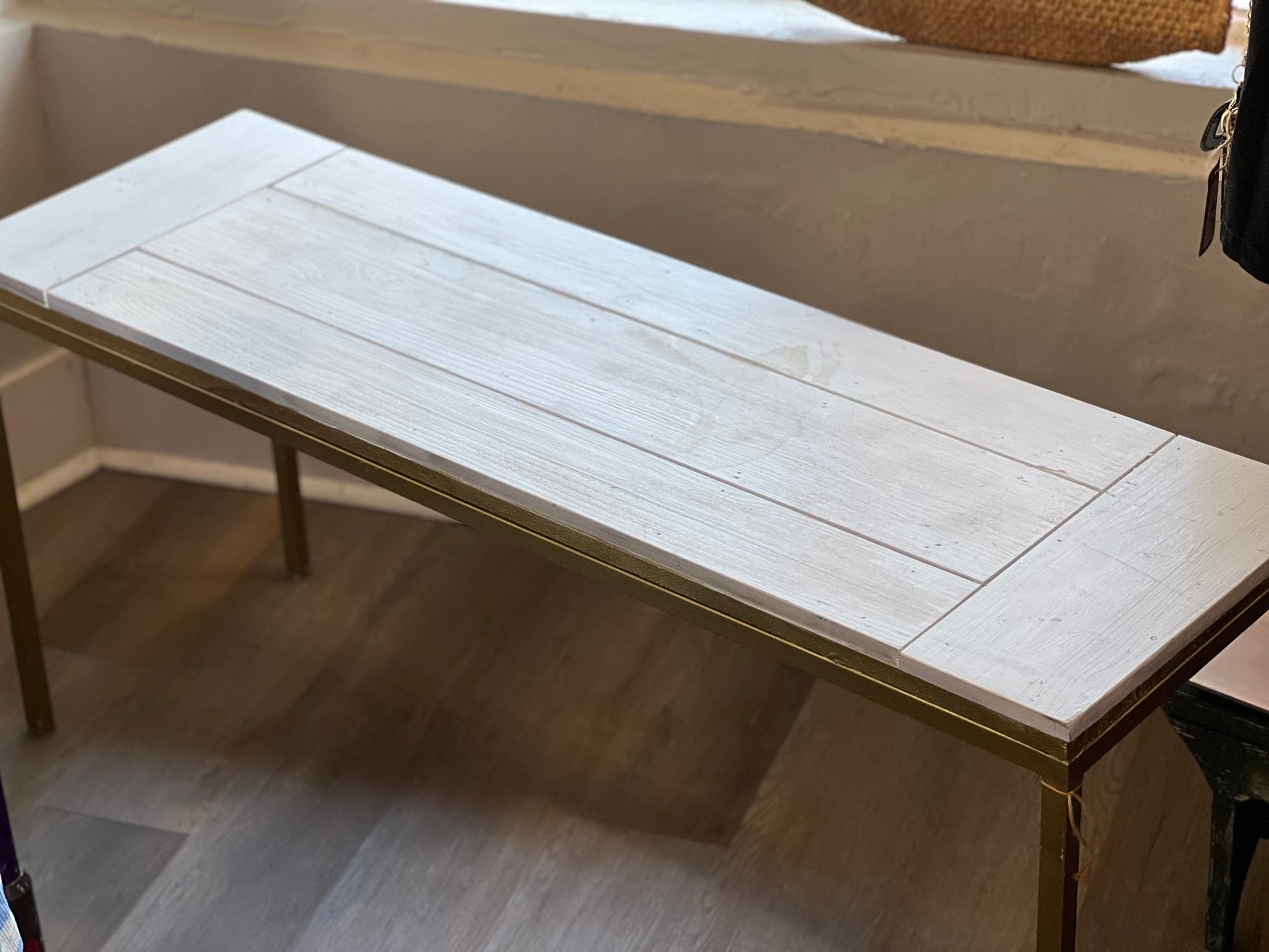 Modern Farmhouse Wooden Bench with Antique Gold Metal Frame - 47" x 14.5" - The Mustard Seed Collection, The Seed
