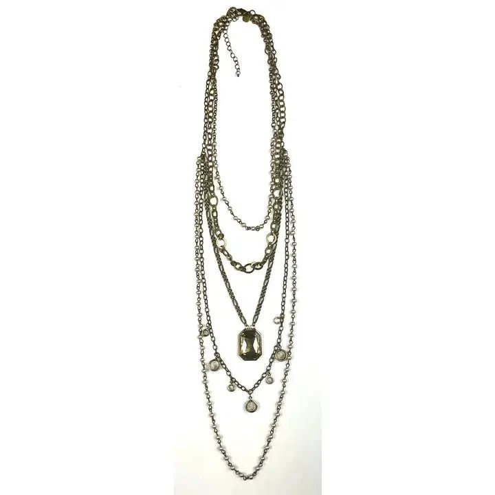 Multi Layer Strand Chain Pearl & Edged Glass Drop Necklace - The Mustard Seed Collection, The Seed