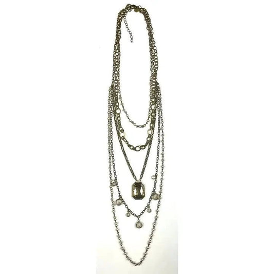 Multi Layer Strand Chain Pearl & Edged Glass Drop Necklace - The Mustard Seed Collection, The Seed