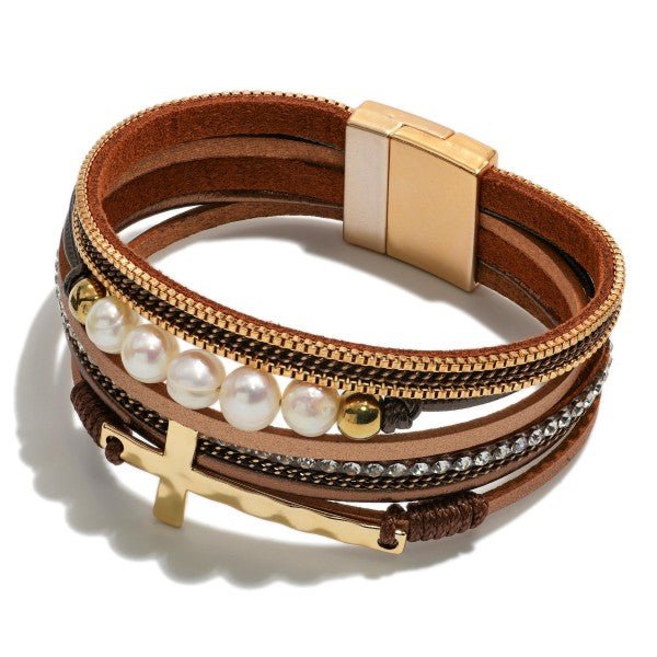 Multi Strand Magnetic Bracelet Featuring Cross And Freshwater Pearls Bronze