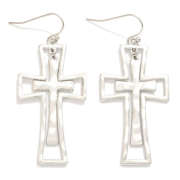 Nesting Hammered Metal Cross Drop Earrings - The Mustard Seed Collection, The Seed