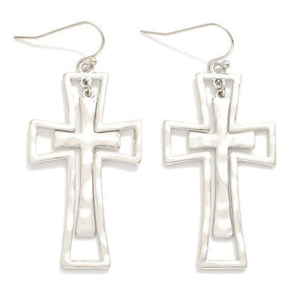 Nesting Hammered Metal Cross Drop Earrings - The Mustard Seed Collection, The Seed