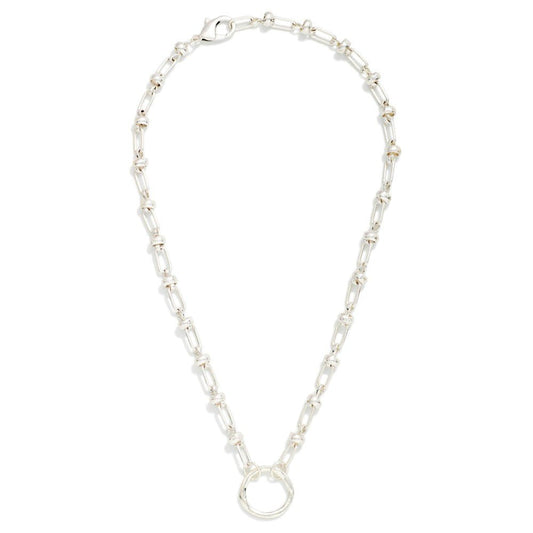 Oval Link Chain Link Necklace With Hoop Details & Metal Circle Pendant Silver