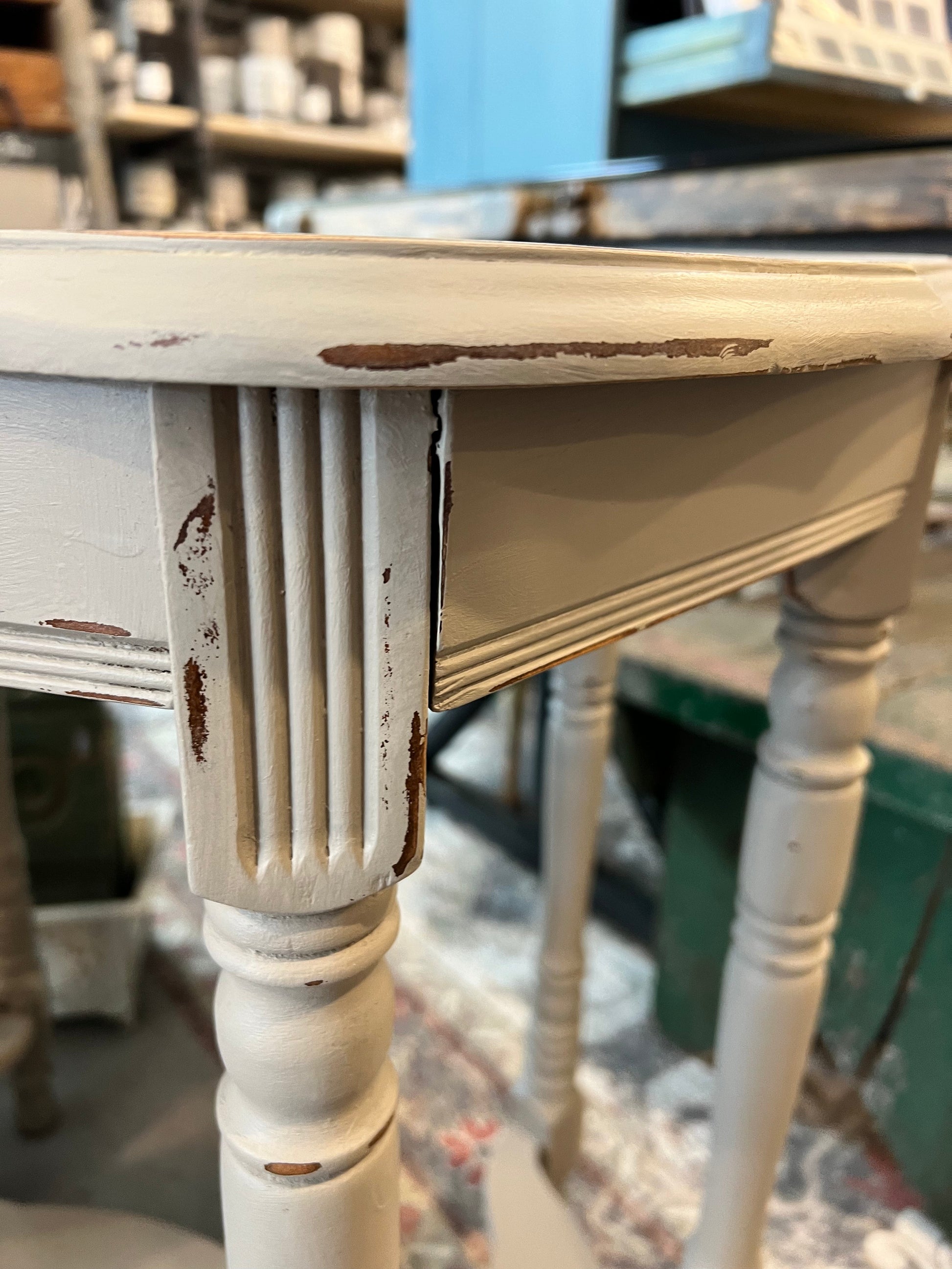 Painted Antique Spindle leg occasional table in French linen