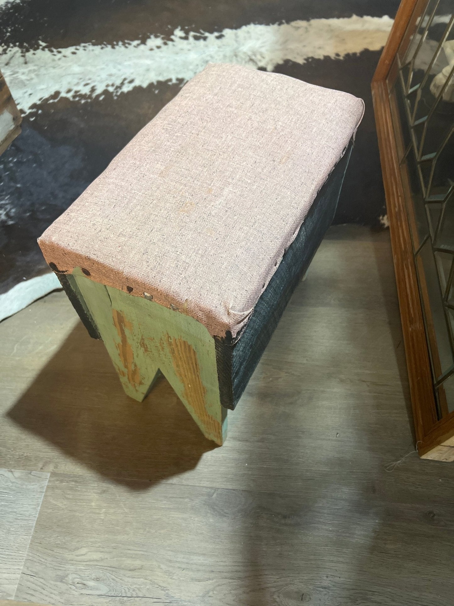 Painted Green Chippy Vintage Wooden Stool - The Mustard Seed Collection, The Seed
