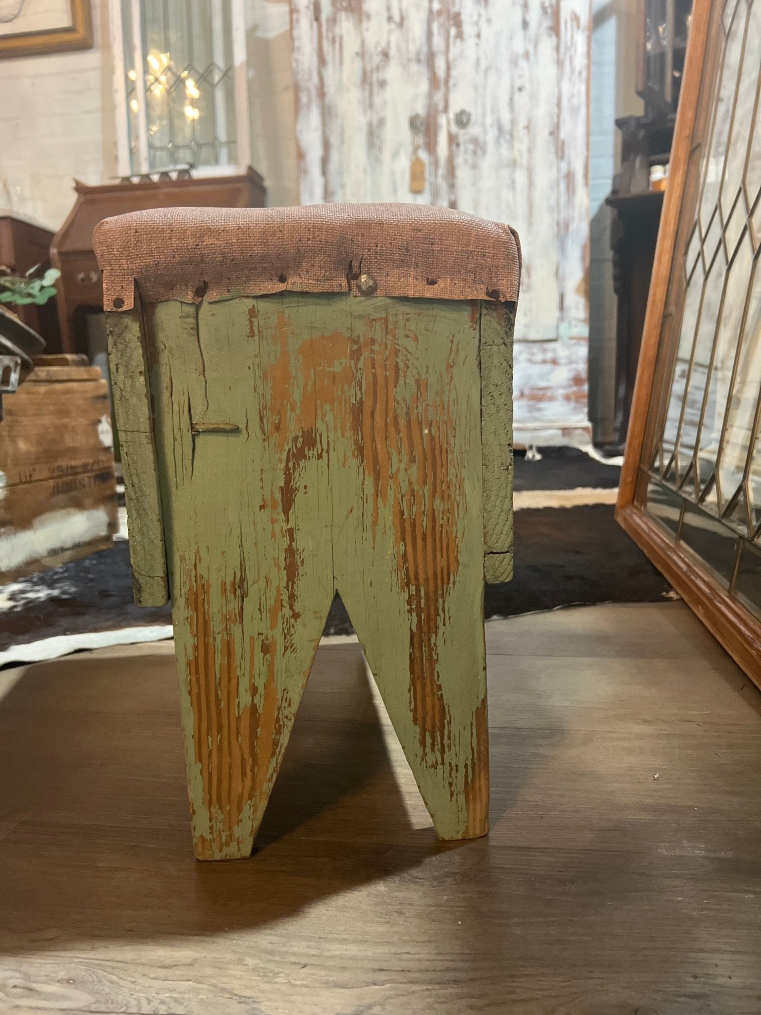 Painted Green Chippy Vintage Wooden Stool - The Mustard Seed Collection, The Seed