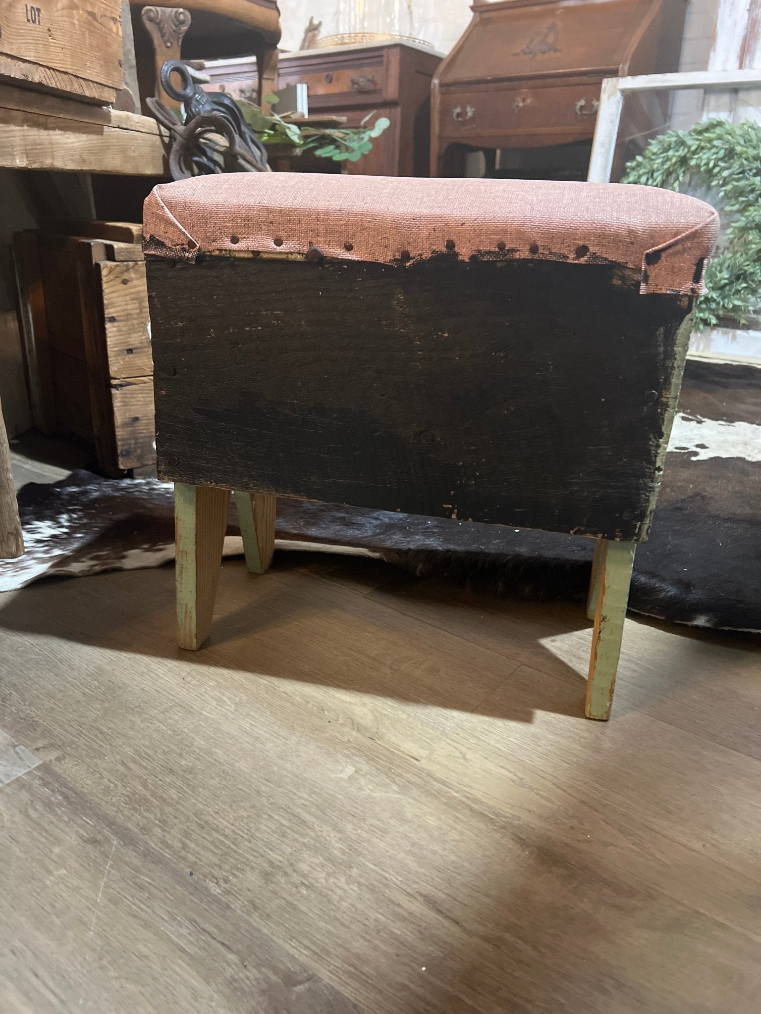 Painted Green Chippy Vintage Wooden Stool - The Mustard Seed Collection, The Seed