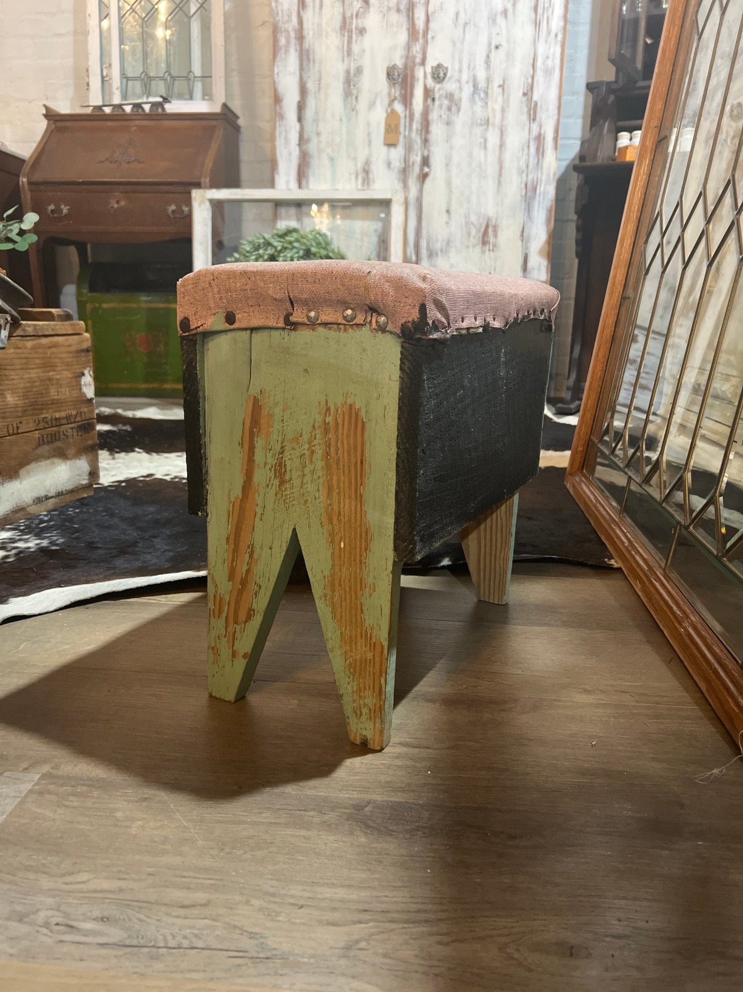 Painted Green Chippy Vintage Wooden Stool - The Mustard Seed Collection, The Seed