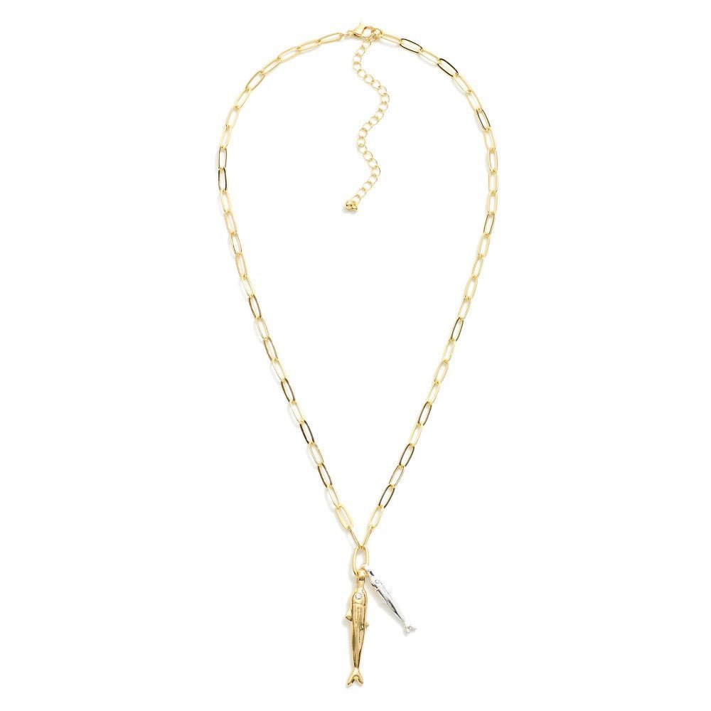 Paperclip Chain Link Necklace Featuring Fish Pendants 