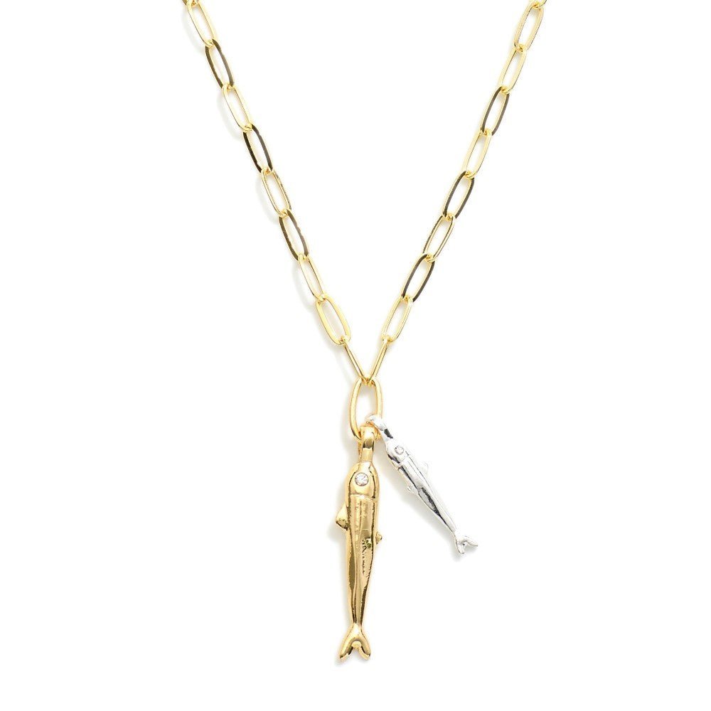 Paperclip Chain Link Necklace Featuring Fish Pendants 