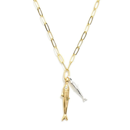 Paperclip Chain Link Necklace Featuring Fish Pendants 