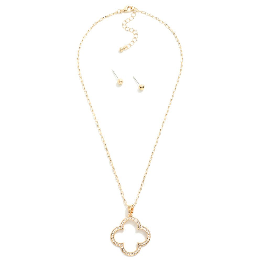 Paperclip Chain Link Necklace Featuring Hollow Rhinestone Studded Clover Pendant 