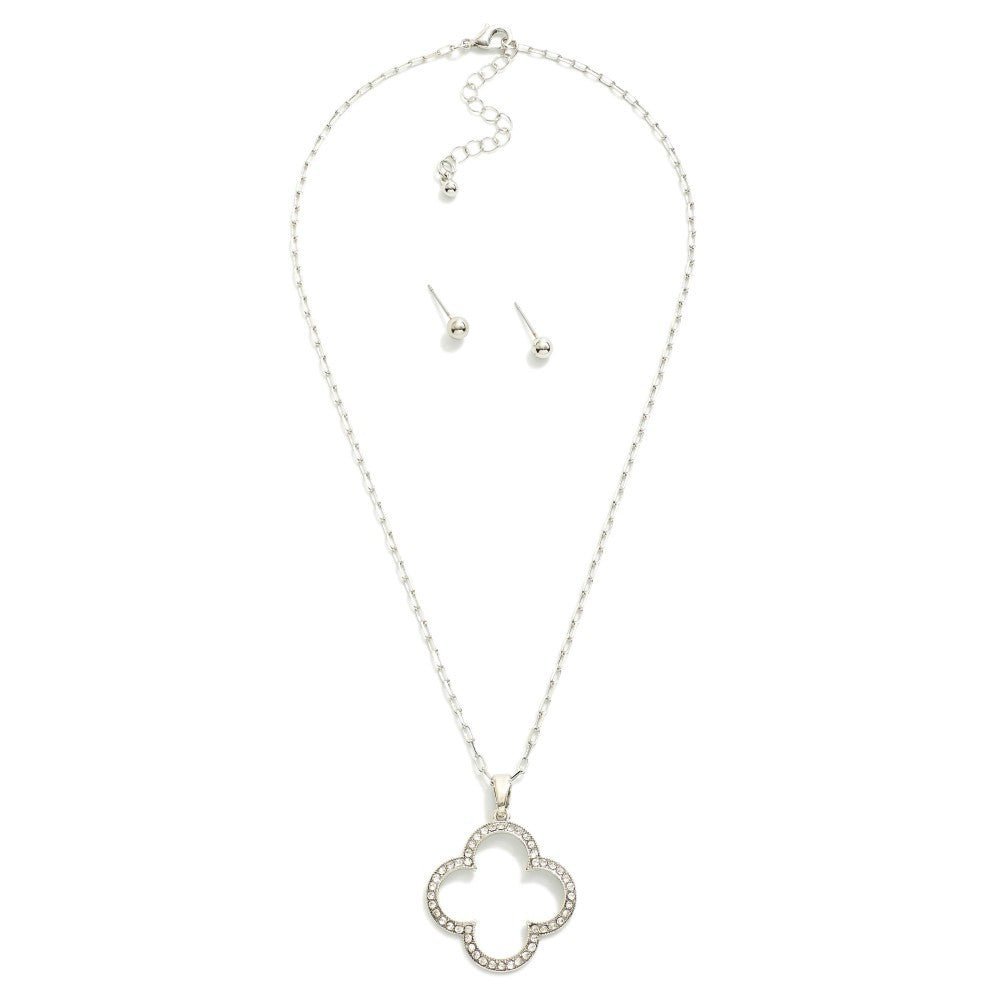 Paperclip Chain Link Necklace Featuring Hollow Rhinestone Studded Clover Pendant 