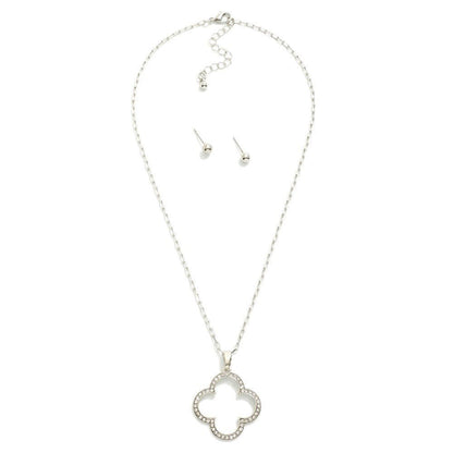 Paperclip Chain Link Necklace Featuring Hollow Rhinestone Studded Clover Pendant 