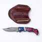 Patriot Series Damascus Folding Knife – Red & Blue Handle with Leather Sheath - The Mustard Seed Collection, The Seed