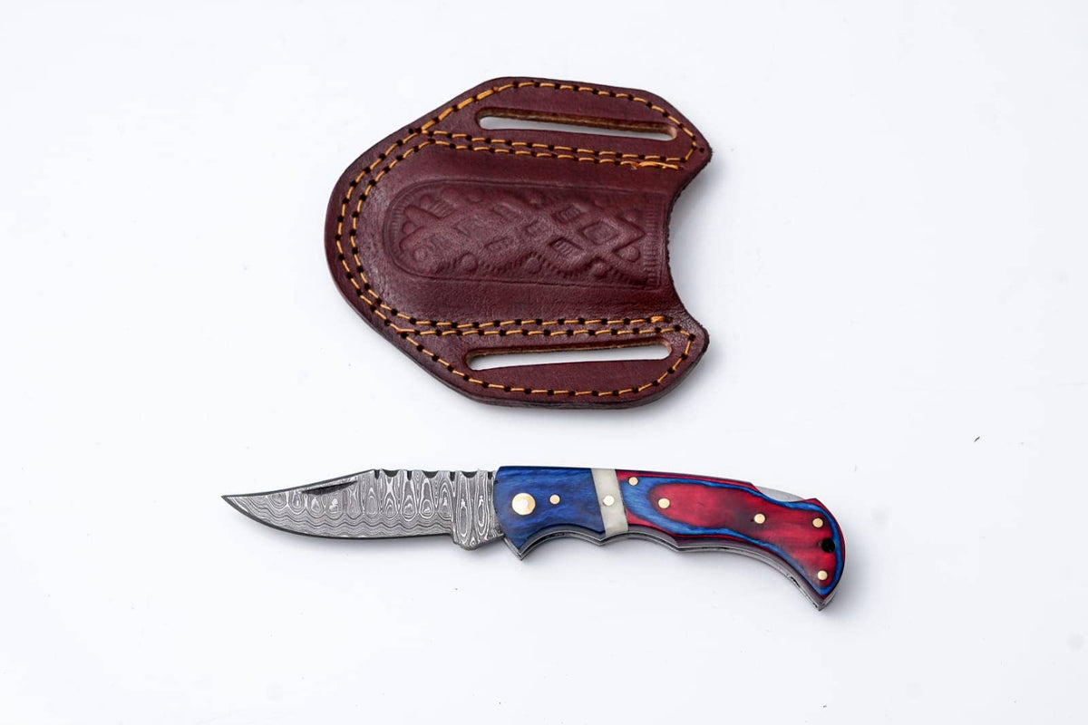 Patriot Series Damascus Folding Knife – Red & Blue Handle with Leather Sheath - The Mustard Seed Collection, The Seed