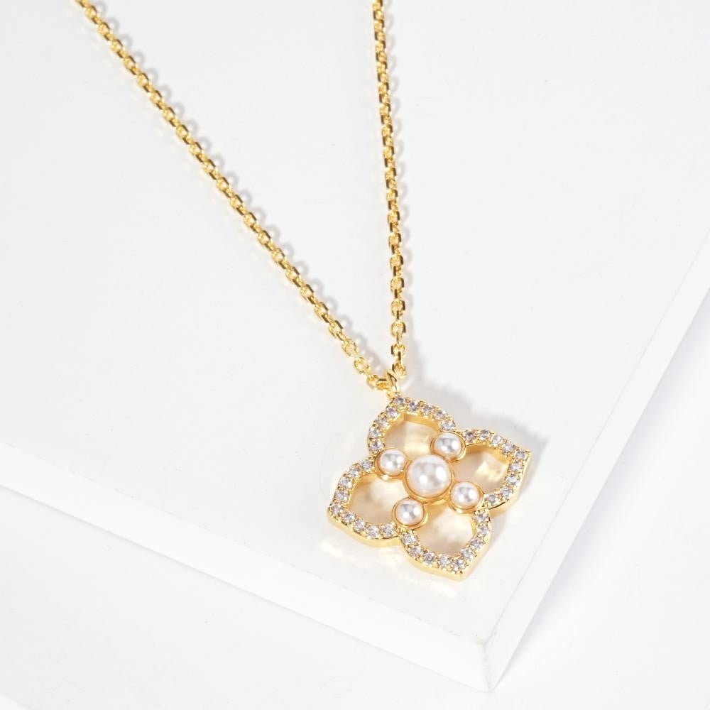 Pearl & Cubic Zirconia Flower Dainty Chain Link Necklace - The Mustard Seed Collection, The Seed