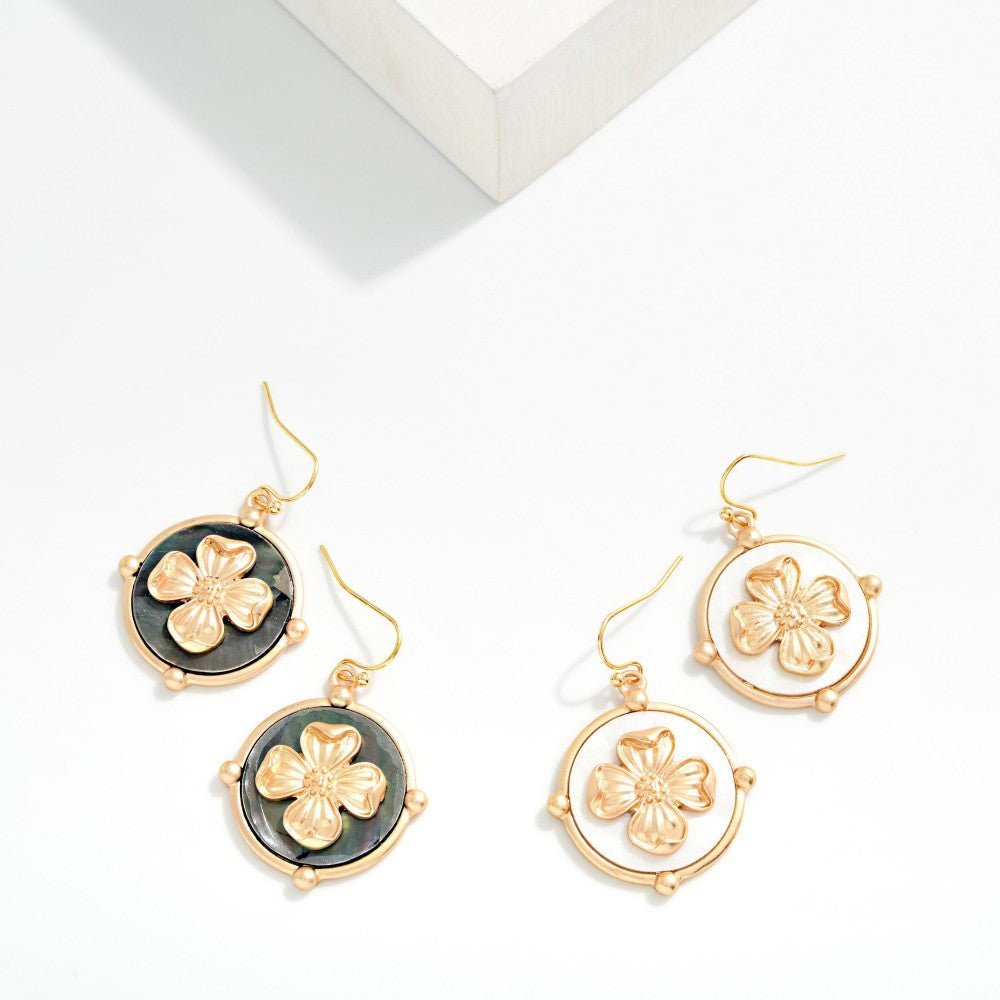 Pearlescent Medallion Drop Earrings Featuring Metal Tone Flower Detail - The Mustard Seed Collection, The Seed