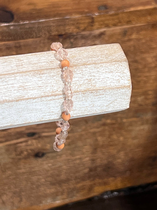 Petite Vintage Terracotta Wood & Translucent Pink Acrylic Flower Bead Bracelet - XS 2" Diameter
