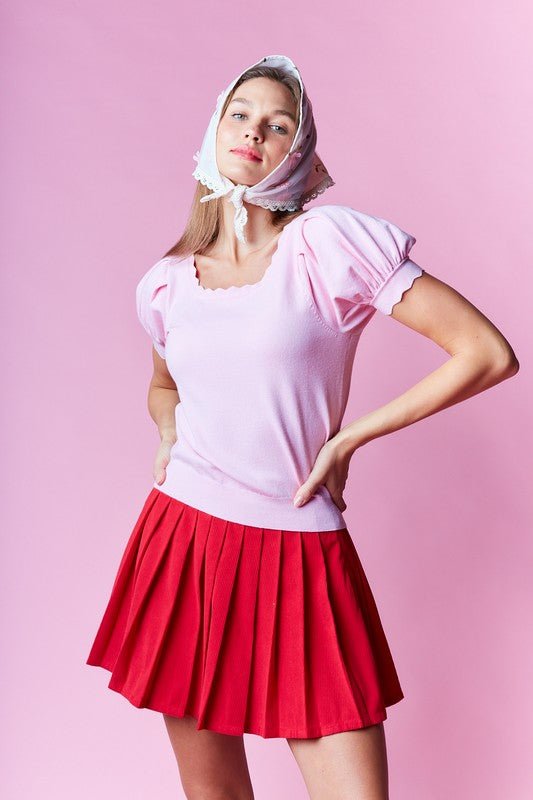 Pink Scallop Edge Puff Sleeve Crop Knit Sweater